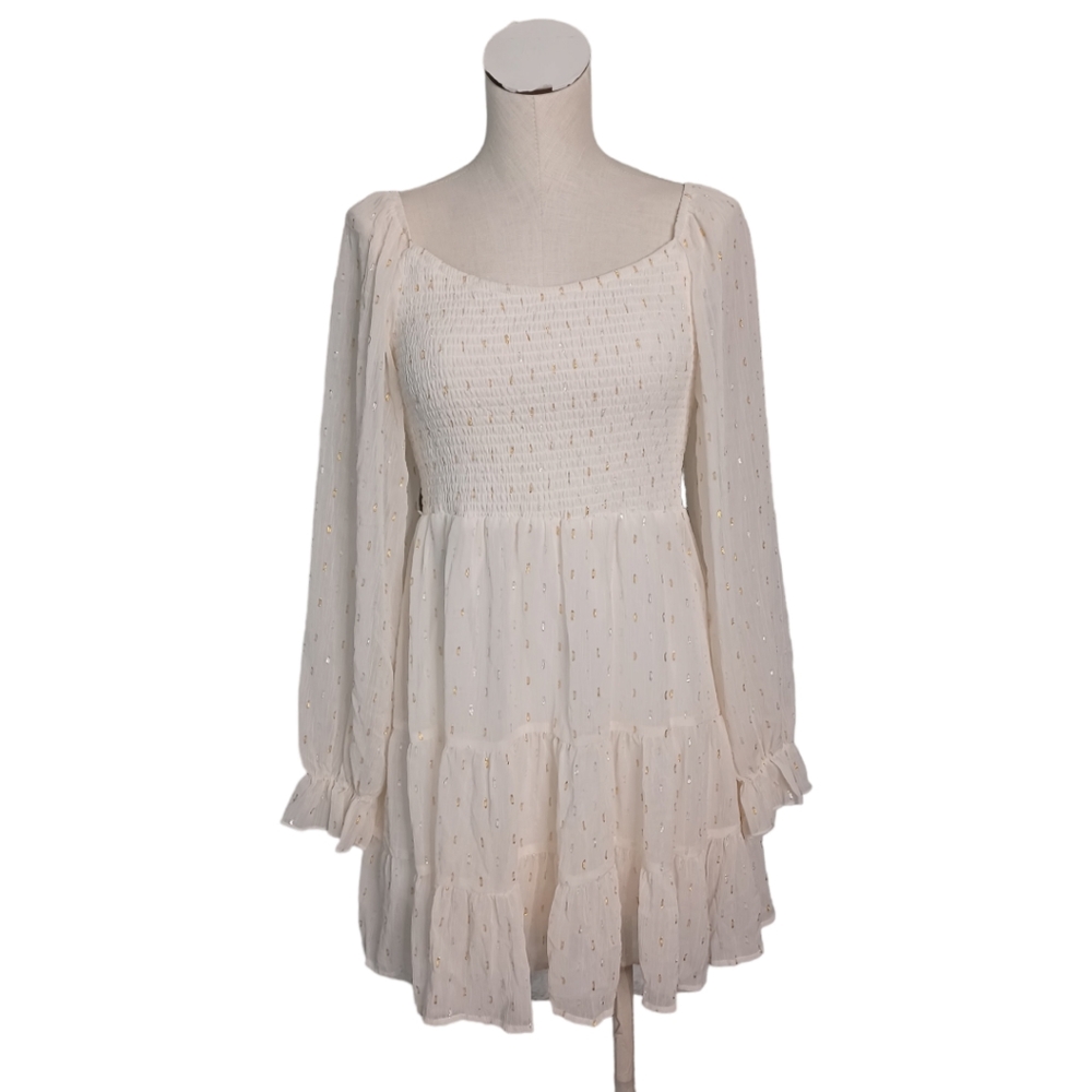 ALTAR'D STATE • Large • Oisin mini Dress gold & silver threads tiered smocked